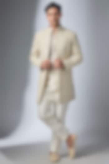 Ivory Silk Chanderi Hand Embroidered Groom Indowestern Set by SALIL BHATIA at Pernia's Pop Up Shop