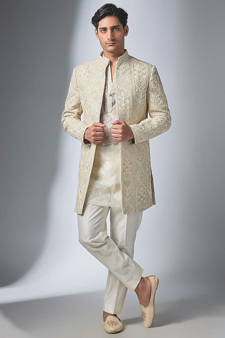 Ivory Silk Chanderi Hand Embroidered Groom Indowestern Set by SALIL BHATIA at Pernia's Pop Up Shop