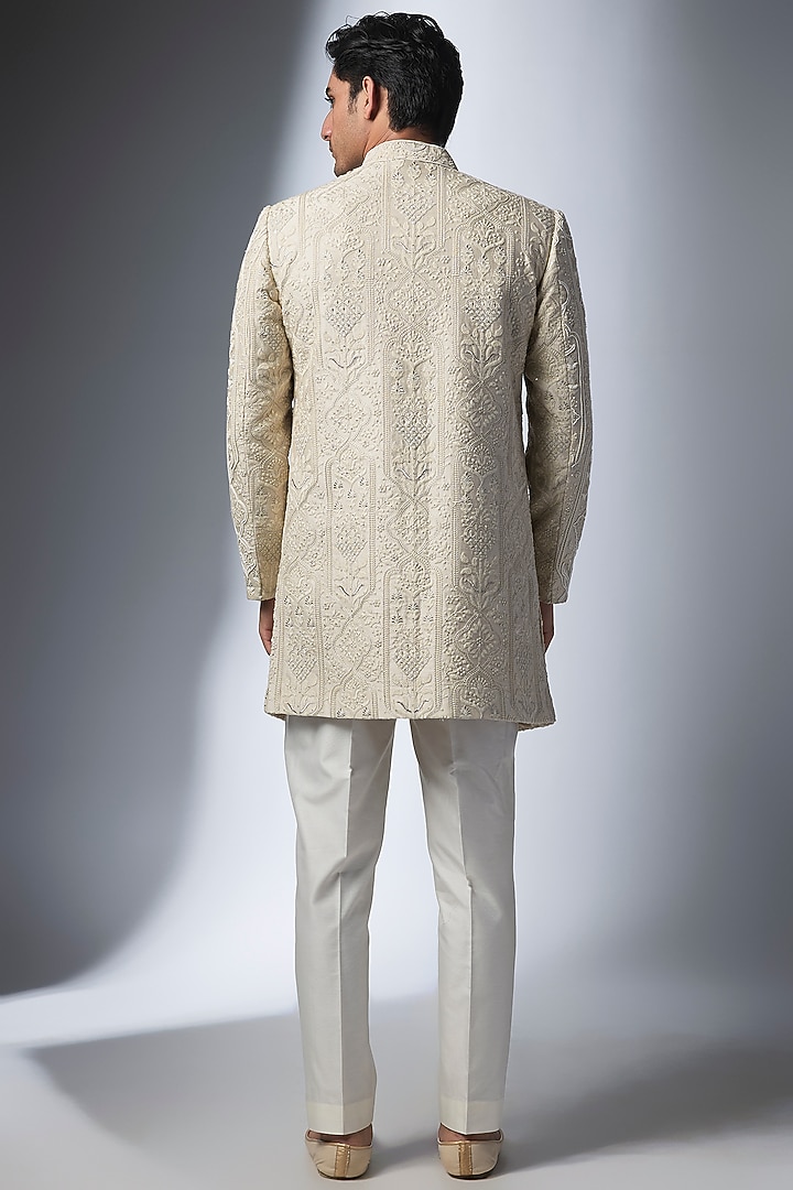 Ivory Silk Chanderi Hand Embroidered Groom Indowestern Set by SALIL BHATIA at Pernia's Pop Up Shop