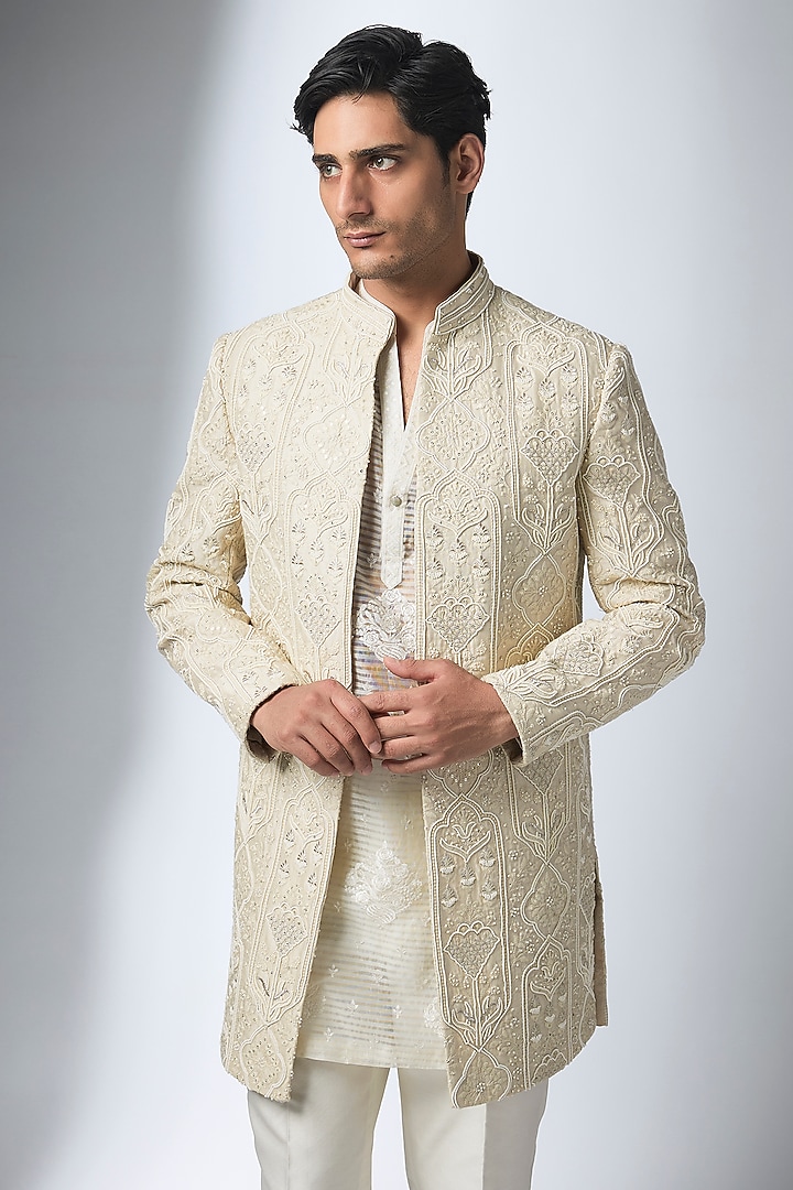 Ivory Silk Chanderi Hand Embroidered Groom Indowestern Set by SALIL BHATIA at Pernia's Pop Up Shop