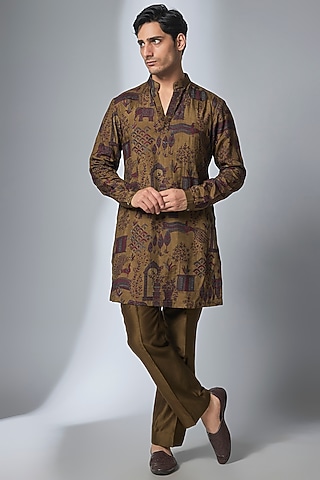 Rust-Gold Silk Dola Thread Embellished Kurta Set by SALIL BHATIA
