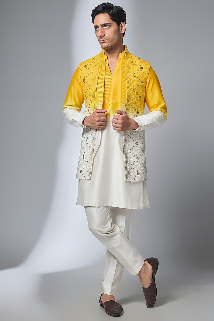 Yellow Ombre Georgette Sequin Embellished Long Jacket Set by SALIL BHATIA at Pernia's Pop Up Shop