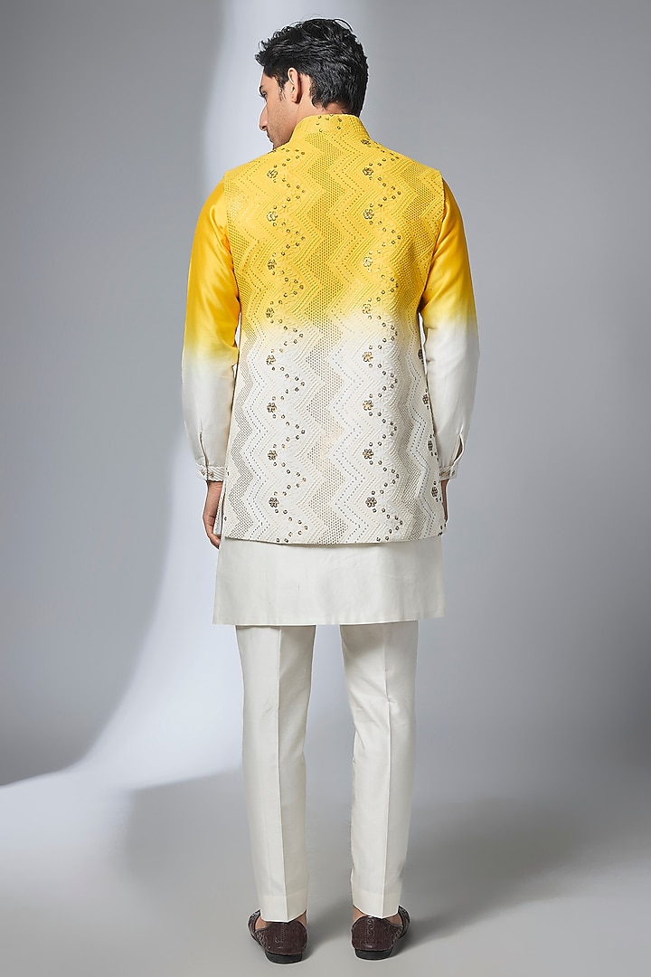 Yellow Ombre Georgette Sequin Embellished Long Jacket Set by SALIL BHATIA at Pernia's Pop Up Shop