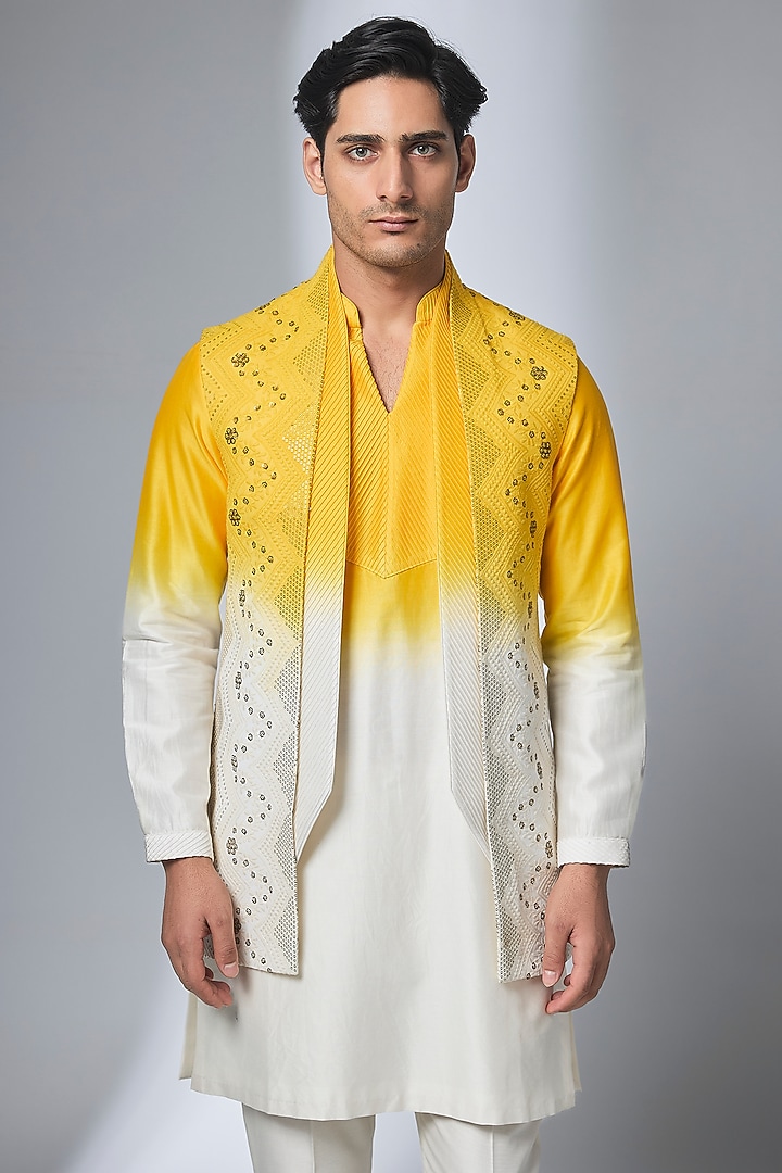 Yellow Ombre Georgette Sequin Embellished Long Jacket Set by SALIL BHATIA at Pernia's Pop Up Shop