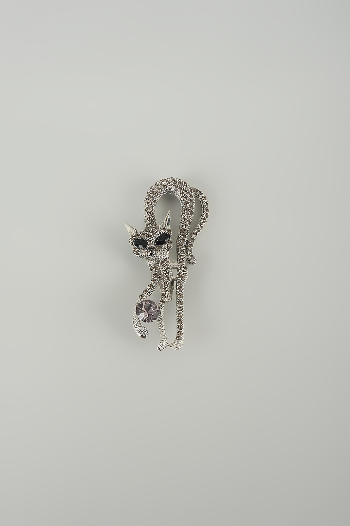 Silver Finish Embellished Mystic Cat Brooch by SALIL BHATIA at Pernia's Pop Up Shop