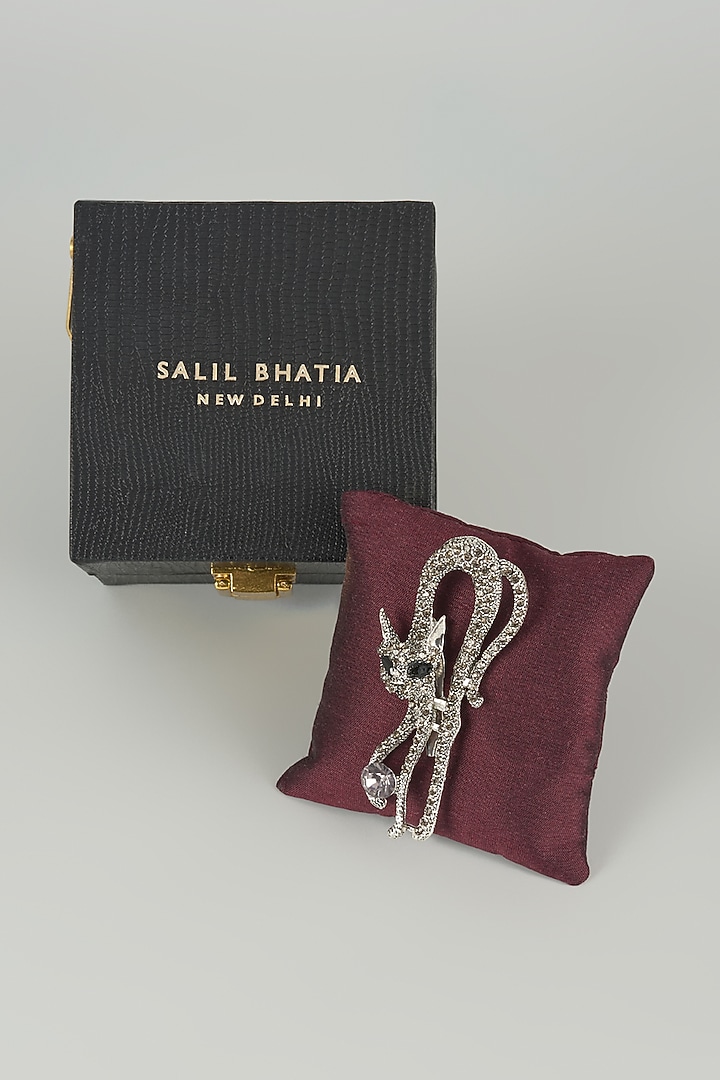 Silver Finish Embellished Mystic Cat Brooch by SALIL BHATIA at Pernia's Pop Up Shop