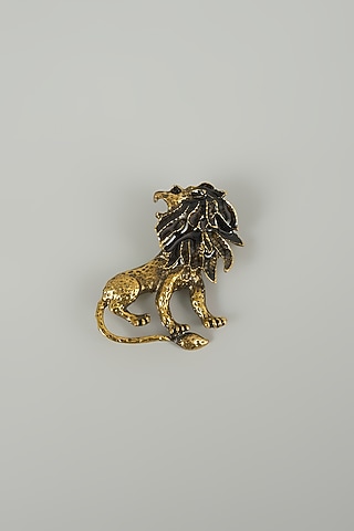 Gold Finish Lion Embellished Brooch by SALIL BHATIA