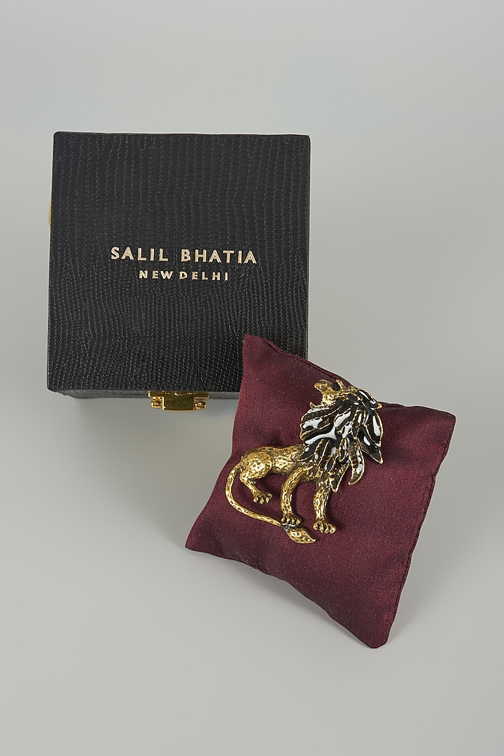 Gold Finish Lion Embellished Brooch by SALIL BHATIA at Pernia's Pop Up Shop