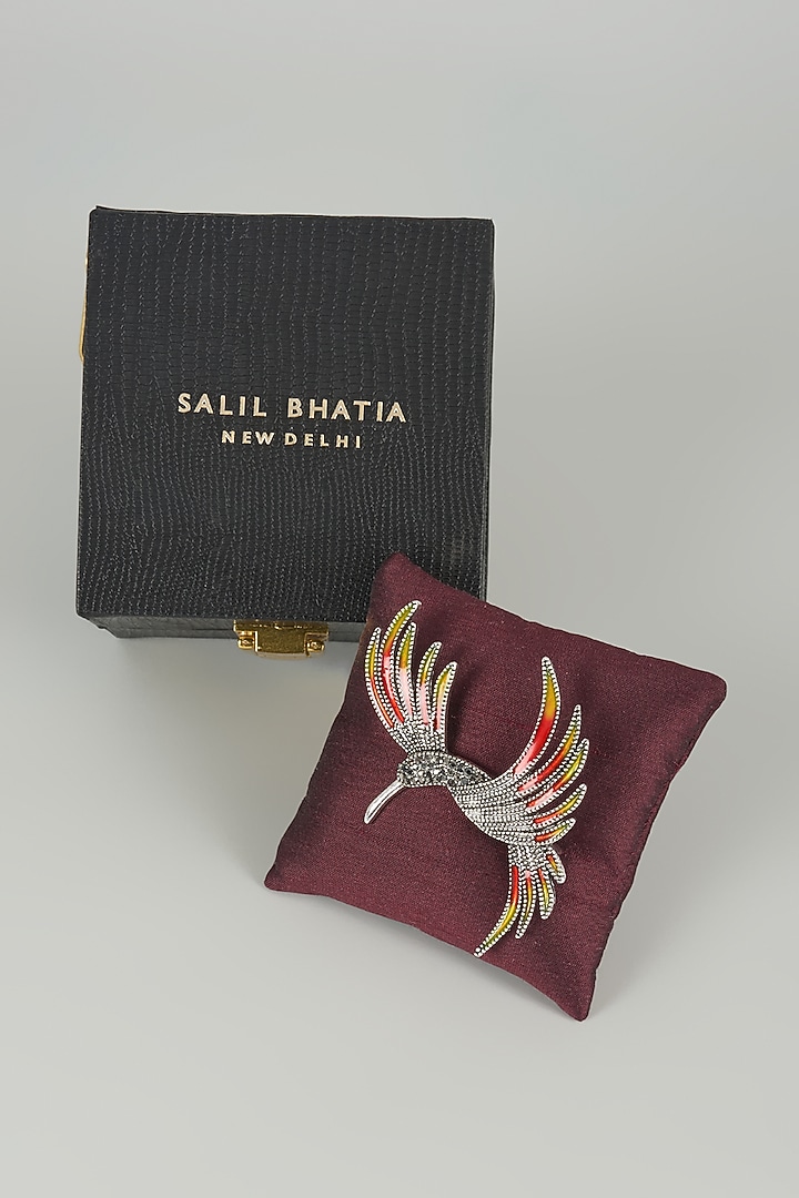 Silver Finish Kingfisher Embellished Brooch by SALIL BHATIA at Pernia's Pop Up Shop