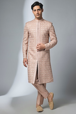 Dusty Pink Dola Silk Threadwork Sherwani Set by SALIL BHATIA