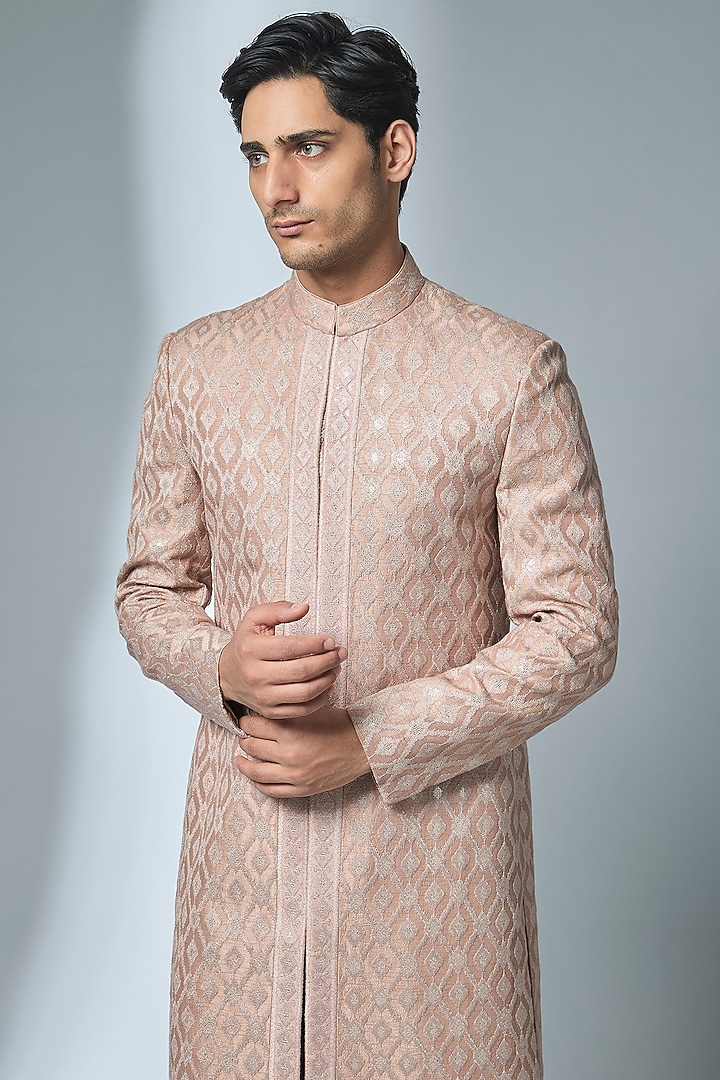 Dusty Pink Dola Silk Threadwork Groom Sherwani Set by SALIL BHATIA at Pernia's Pop Up Shop