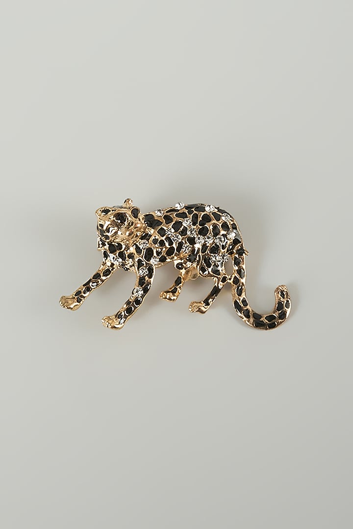 Gold Finish Snow Leopard Embellished Brooch by SALIL BHATIA at Pernia's Pop Up Shop