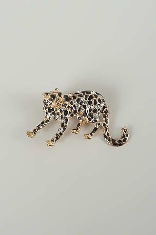 Gold Finish Snow Leopard Embellished Brooch by SALIL BHATIA
