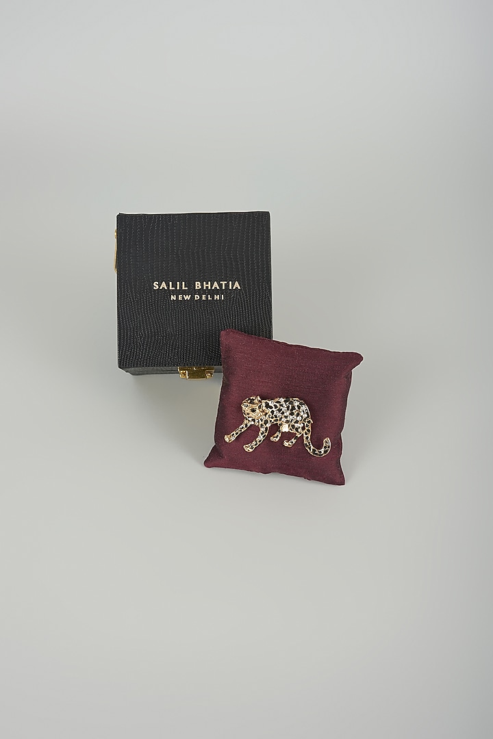 Gold Finish Snow Leopard Embellished Brooch by SALIL BHATIA at Pernia's Pop Up Shop