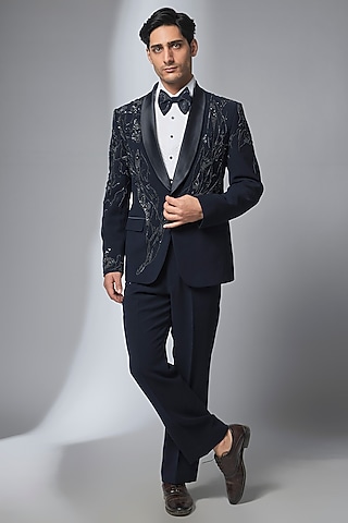 Navy Blue Japanese Fabric Hand Embroidered Tuxedo Set by SALIL BHATIA