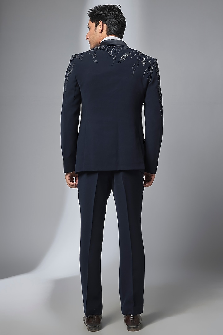 Navy Blue Japanese Fabric Hand Embroidered Tuxedo Set by SALIL BHATIA at Pernia's Pop Up Shop