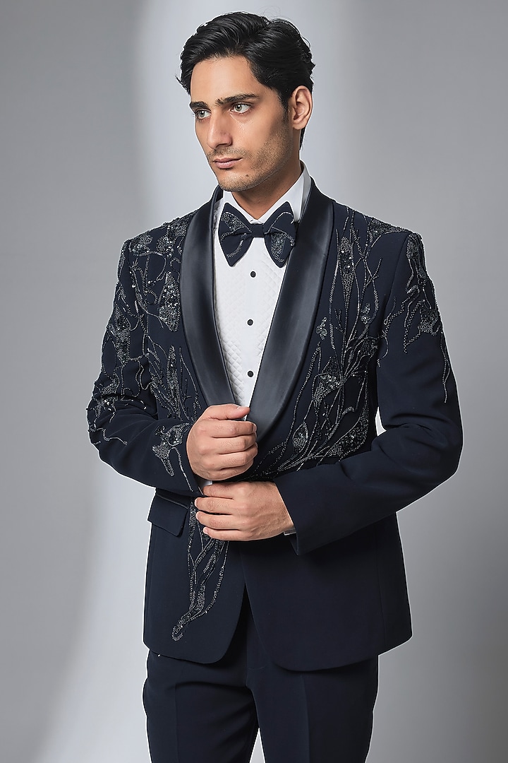 Navy Blue Japanese Fabric Hand Embroidered Tuxedo Set by SALIL BHATIA at Pernia's Pop Up Shop