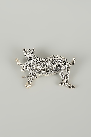 Silver Finish Embellished Tree Leopard Brooch by SALIL BHATIA