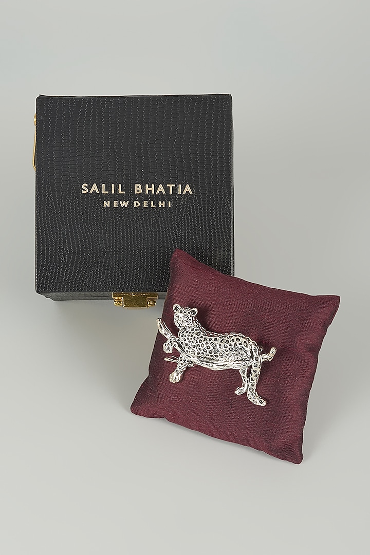 Silver Finish Embellished Tree Leopard Brooch by SALIL BHATIA at Pernia's Pop Up Shop