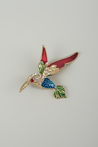 Gold Finish Embellished Hummingbird Brooch by SALIL BHATIA