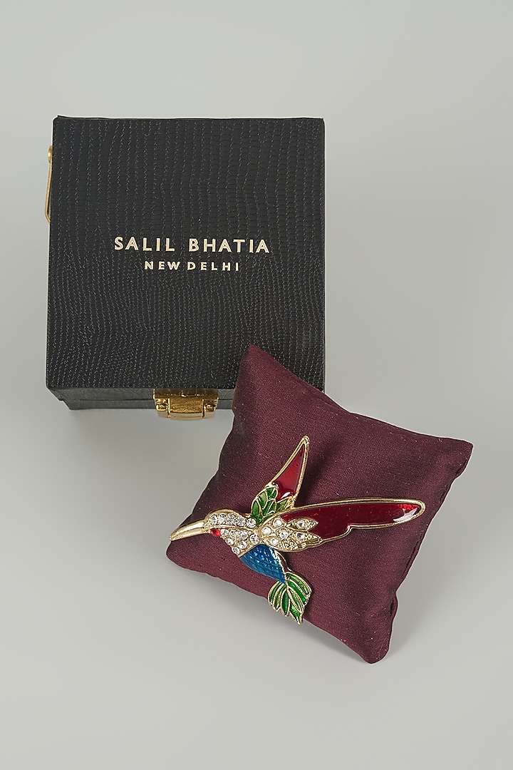 Gold Finish Embellished Hummingbird Brooch by SALIL BHATIA at Pernia's Pop Up Shop