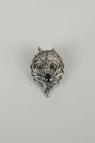 Silver Finish Embellished Wolf Crest Brooch by SALIL BHATIA