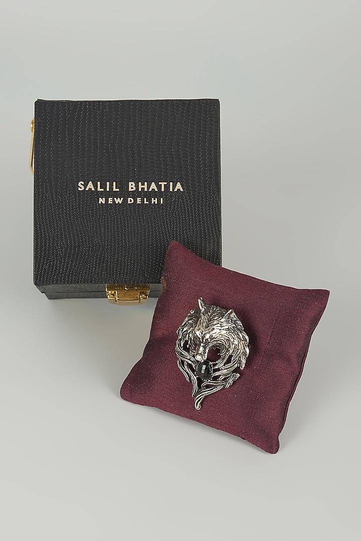 Silver Finish Embellished Wolf Crest Brooch by SALIL BHATIA at Pernia's Pop Up Shop