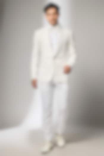 Ivory Japanese Fabric Hand Embroidered Tuxedo Set by SALIL BHATIA at Pernia's Pop Up Shop