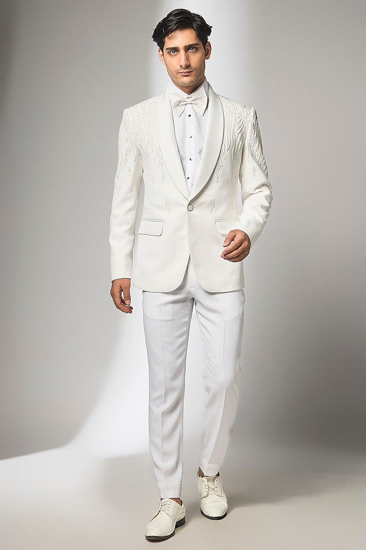 Ivory Japanese Fabric Hand Embroidered Tuxedo Set by SALIL BHATIA at Pernia's Pop Up Shop