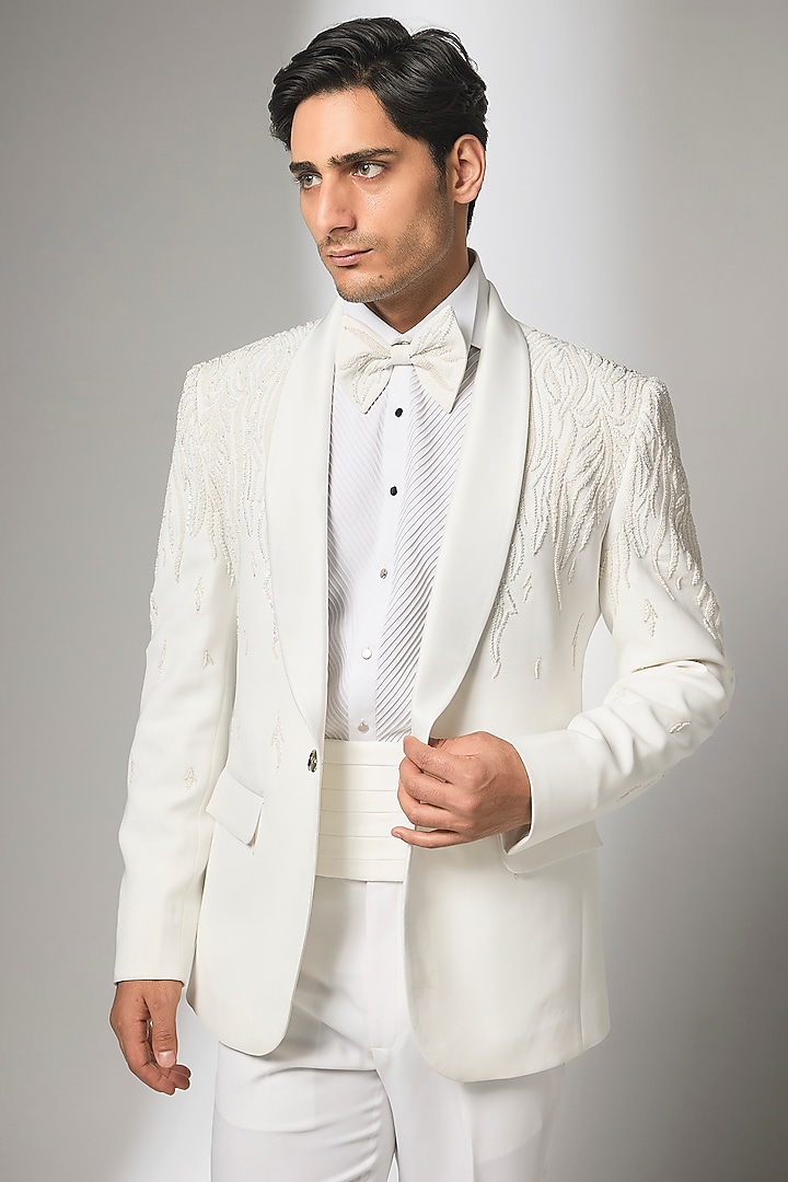 Ivory Japanese Fabric Hand Embroidered Tuxedo Set by SALIL BHATIA at Pernia's Pop Up Shop