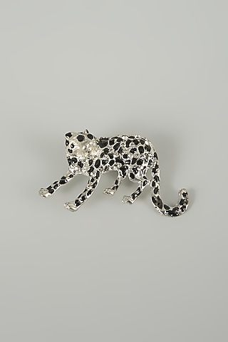 Silver Finish Embellished Snow Leopard Brooch by SALIL BHATIA