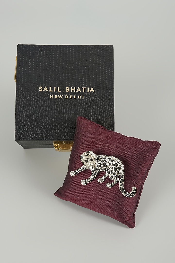 Silver Finish Embellished Snow Leopard Brooch by SALIL BHATIA at Pernia's Pop Up Shop