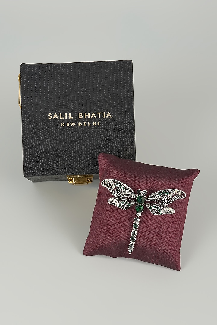 Silver Finish Embellished Dragonfly Brooch by SALIL BHATIA at Pernia's Pop Up Shop