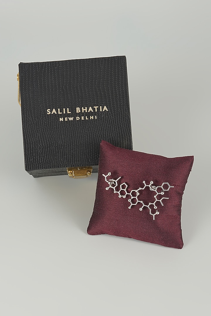 Silver Finish Embellished Chemistry Formula Brooch by SALIL BHATIA at Pernia's Pop Up Shop