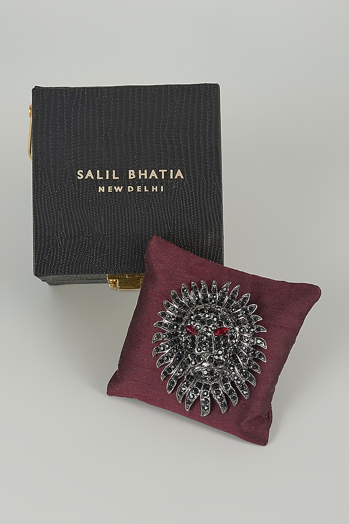 Black Finish Embellished Lion Brooch by SALIL BHATIA at Pernia's Pop Up Shop