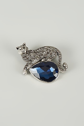 Gunmetal Finish Embellished Leopard Brooch by SALIL BHATIA