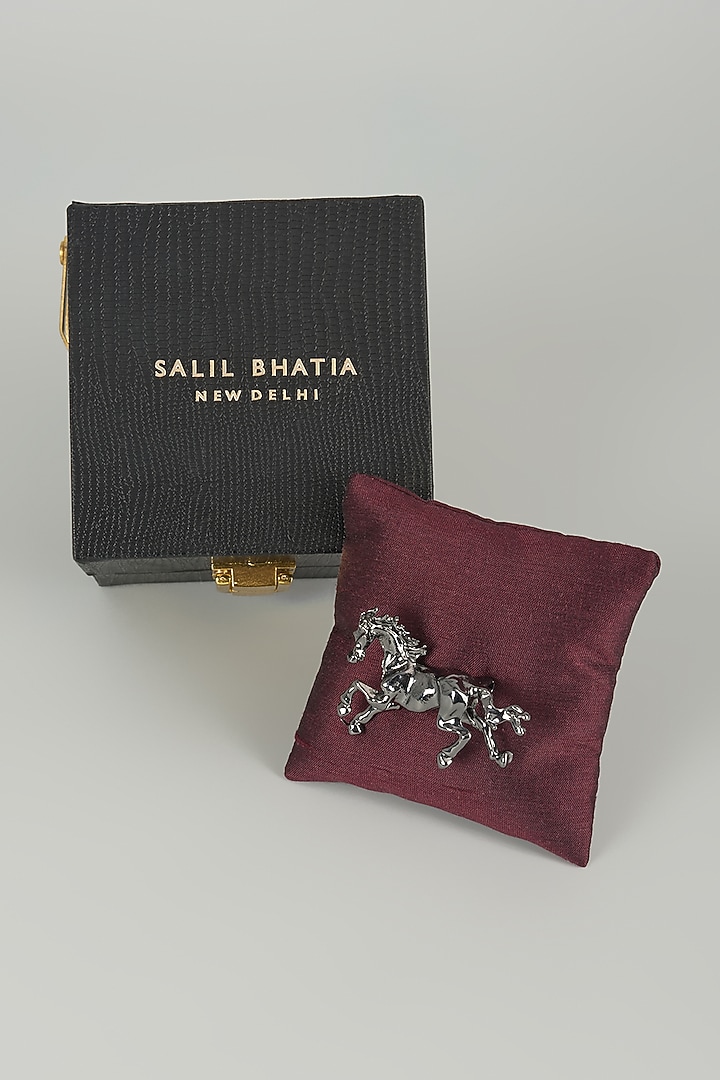 Gunmetal Finish Embellished Race Horse Brooch by SALIL BHATIA at Pernia's Pop Up Shop