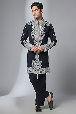 Navy Blue Japanese Fabric Mirror Embroidered Kurta Set by SALIL BHATIA