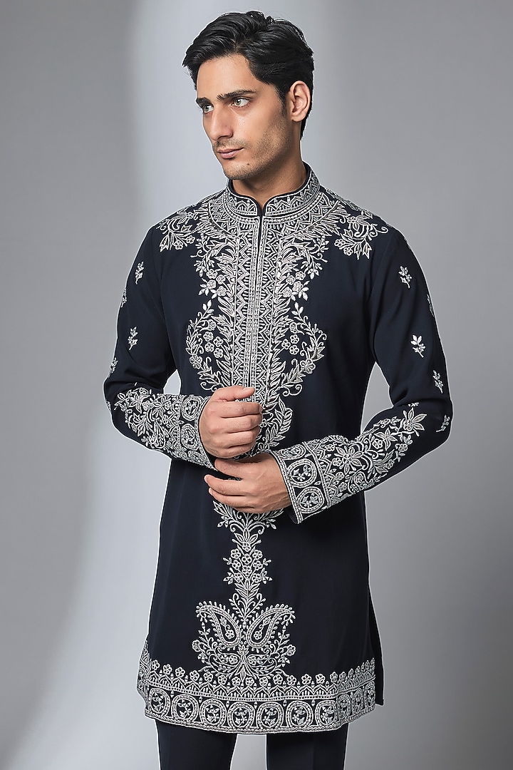 Navy Blue Japanese Fabric Mirror Embroidered Kurta Set by SALIL BHATIA at Pernia's Pop Up Shop