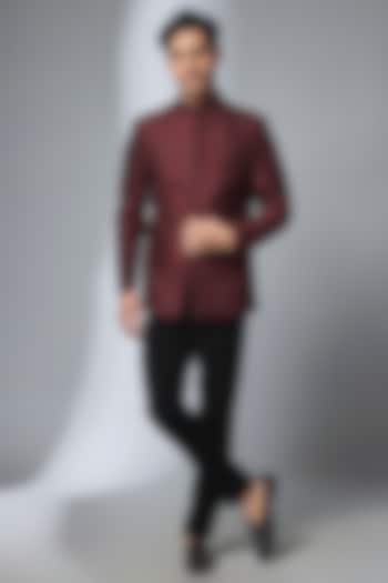 Wine Raw Silk Zari Embroidered Wedding Bandhgala Set by SALIL BHATIA at Pernia's Pop Up Shop