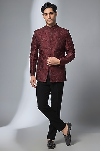 Wine Raw Silk Zari Embroidered Bandhgala Set by SALIL BHATIA