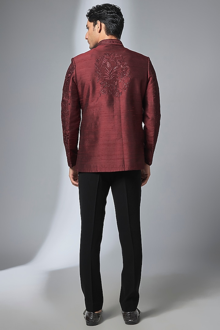 Wine Raw Silk Zari Embroidered Wedding Bandhgala Set by SALIL BHATIA at Pernia's Pop Up Shop