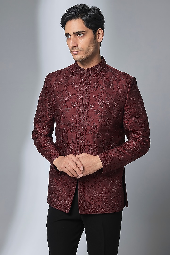 Wine Raw Silk Zari Embroidered Wedding Bandhgala Set by SALIL BHATIA at Pernia's Pop Up Shop