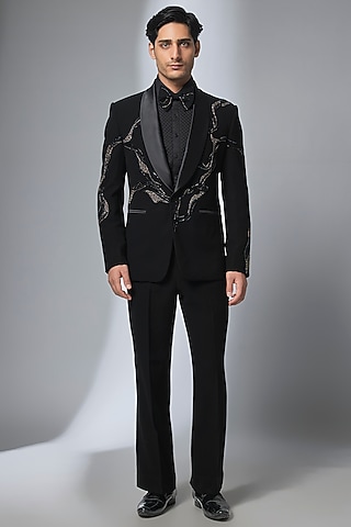 Black Japanese Cutdana Hand Embroidered Tuxedo Set by SALIL BHATIA