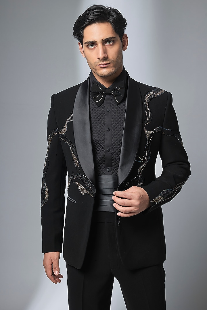 Black Japanese Cutdana Hand Embroidered Tuxedo Set by SALIL BHATIA at Pernia's Pop Up Shop