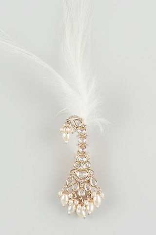 Gold Finish Kundan Polki & Pearl Feather Kalangi by SALIL BHATIA