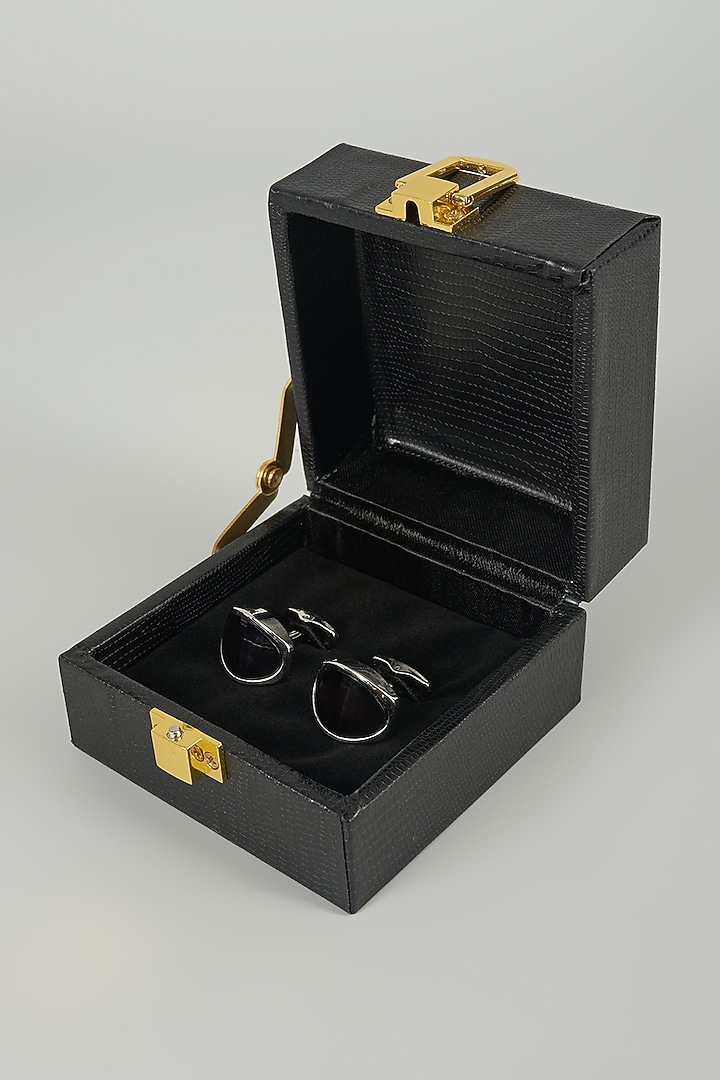 Silver Finish Shield Cufflinks (Set Of 2) by SALIL BHATIA at Pernia's Pop Up Shop