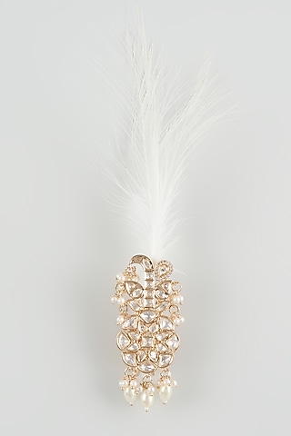 Gold Finish Kundan Polki & Pearl Feather Kalangi by SALIL BHATIA