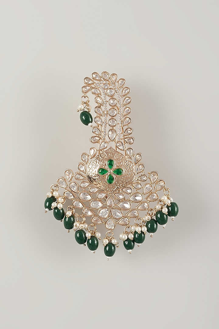 Gold Finish Kundan Polki & Green Pearl Feather Kalangi by SALIL BHATIA at Pernia's Pop Up Shop