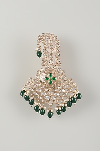 Gold Finish Kundan Polki & Green Pearl Feather Kalangi by SALIL BHATIA